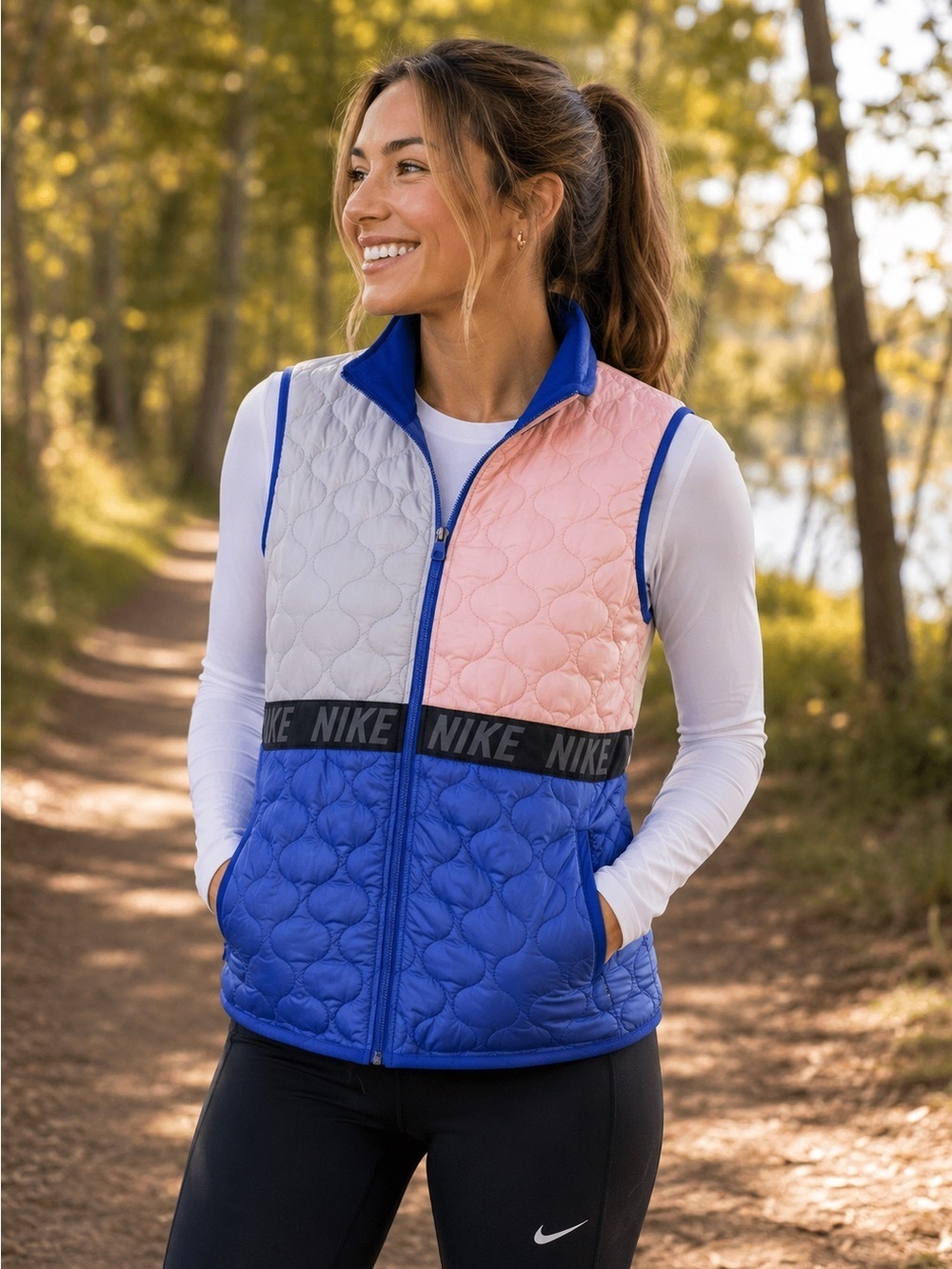 Nike Aerolayer Running Quilted Vest in Gray, Pink, and Blue Size Large NWT